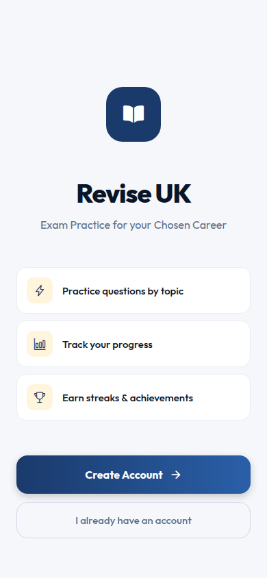 Revise Right app home screen